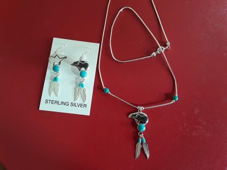 Silver Zuni Bear with Turquoise and Feathers 3