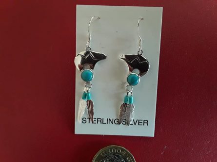 Silver Zuni Bear with Turquoise and Feathers earrings 2