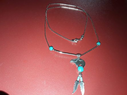 Silver Zuni Bear with Turquoise and Feathers necklace