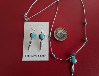 turquoise & silver feather earrings and necklace