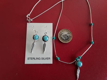 turquoise & silver feather earrings and necklace